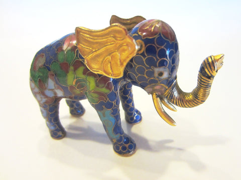 Cloisonne Elephant Art Golden Tusk Floral Enameling - Designer Unique Finds 