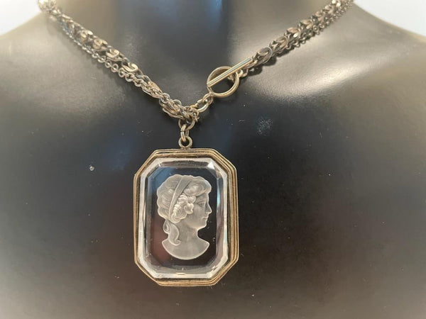 Cameo Baguette Cut Glass Portrait Pendant Uniquely Decorated Duo Chain Necklace