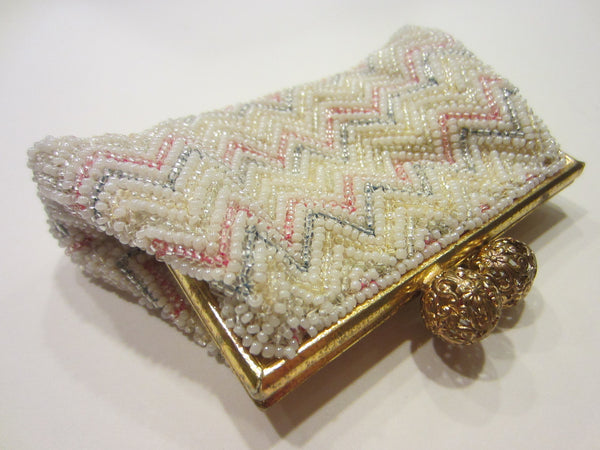 Hand Beaded French Coin Purse Gold Plated Filigree Ball Closure