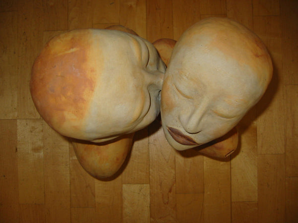 A Kiss Asian Terracotta Romantic Signature Sculpture - Designer Unique Finds 