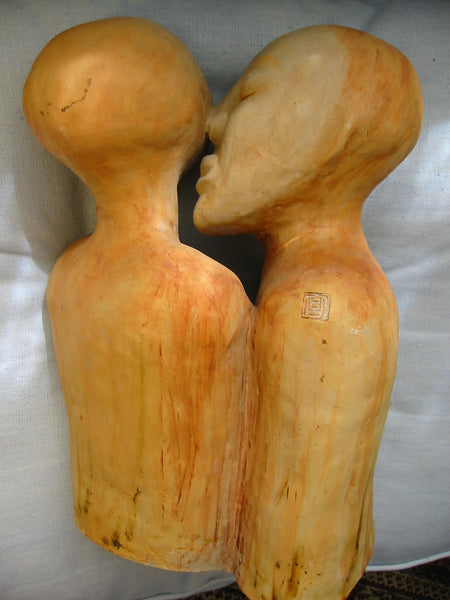 A Kiss Asian Terracotta Romantic Signature Sculpture - Designer Unique Finds 