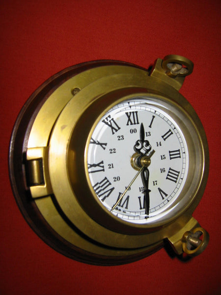Porthole Nautical Brass Quartz Maritime Ship Clock Mahogany Mount Beveled Glass - Designer Unique Finds 
 - 2