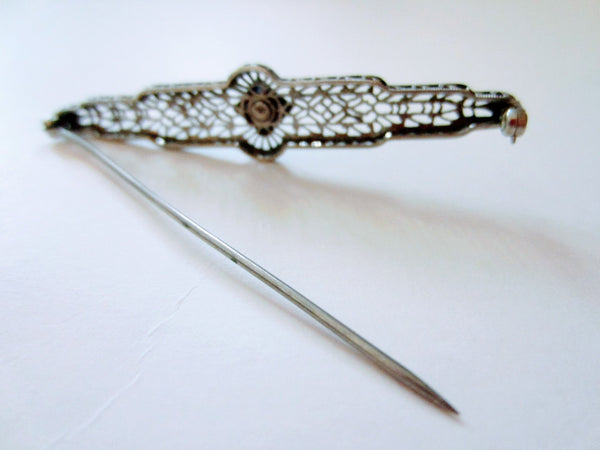 Art Deco Silver Bar Brooch Center Calibrated Sapphires Filigree Motif