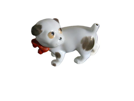Red Bow Mini German Dog Porcelain Figurine W Hallmarks - Designer Unique Finds 