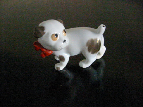Red Bow Mini German Dog Porcelain Figurine W Hallmarks - Designer Unique Finds 