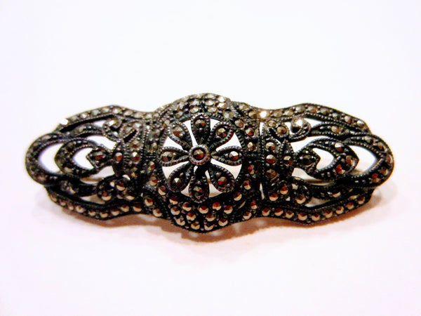 Judith Jack Silver Marcasite Bar Brooch Marked JJ Sterling