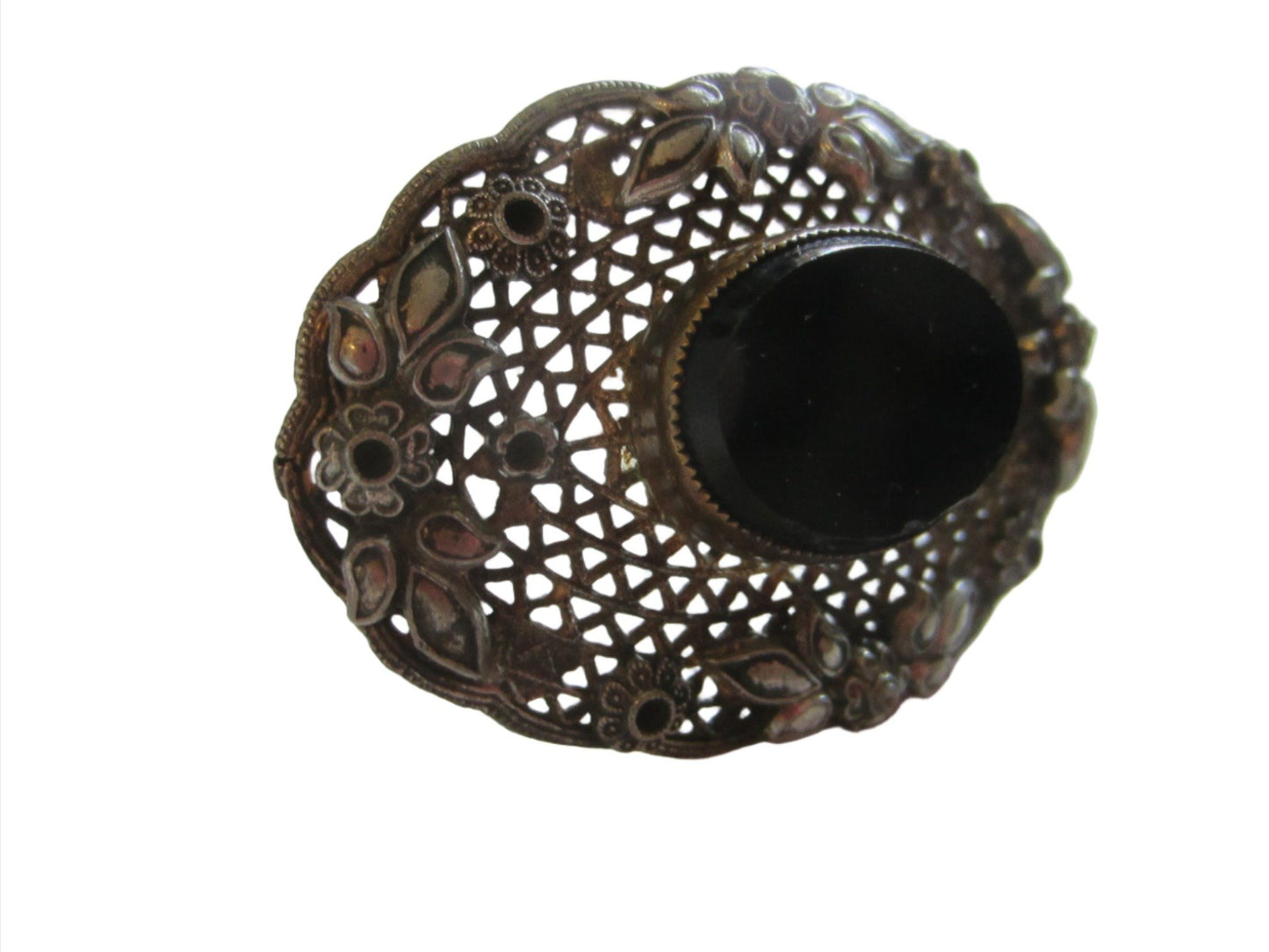 Art Deco Silver Filigree Floral Brooch Oval Black Onyx Center Cabochon