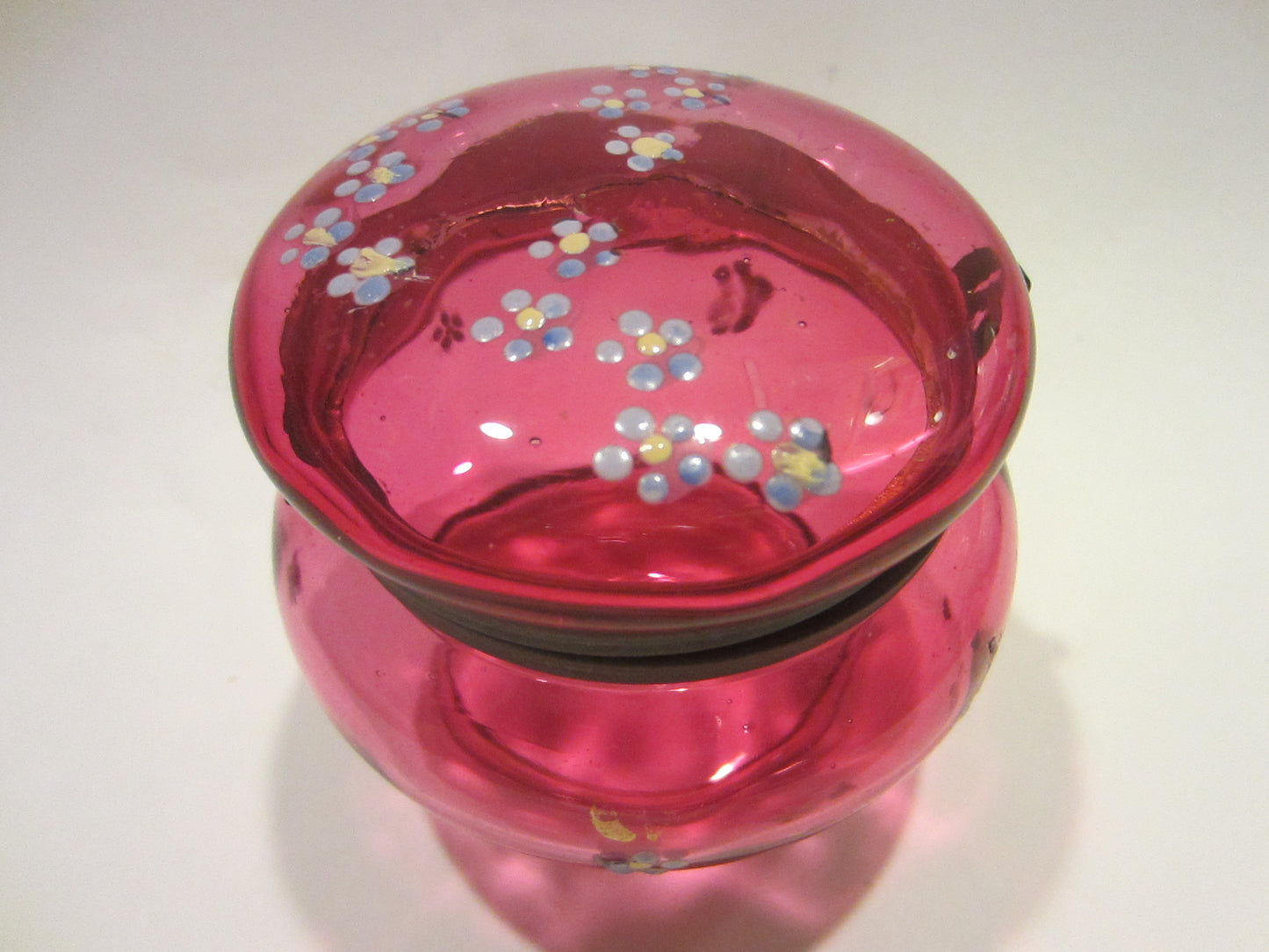 Pink Glass Miniature Hand Decorated Enameling Floral Box
