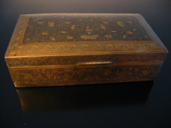 Brass Art Deco Humidor Box Hand Colored Decorated Etched Flowers