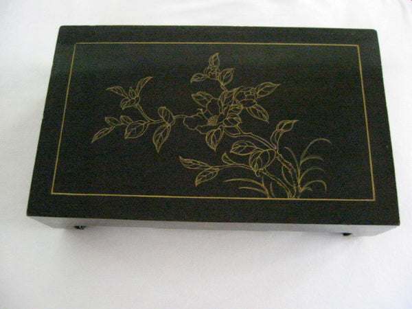 Chinese Black Chinoiserie Lacquered Accent Stool Table Gold Flowers - Designer Unique Finds 
 - 1