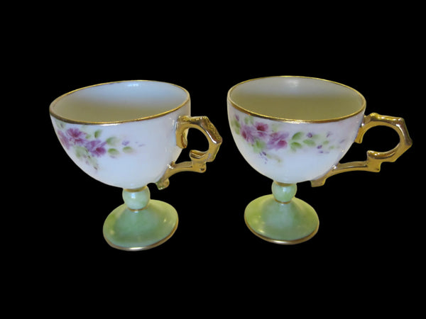 Porcelain Stem Floral Egg Cups Gold Handles Hand Painted Marked BDW 1997
