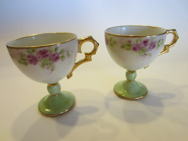Porcelain Stem Floral Egg Cups Gold Handles Hand Painted Marked BDW 1997