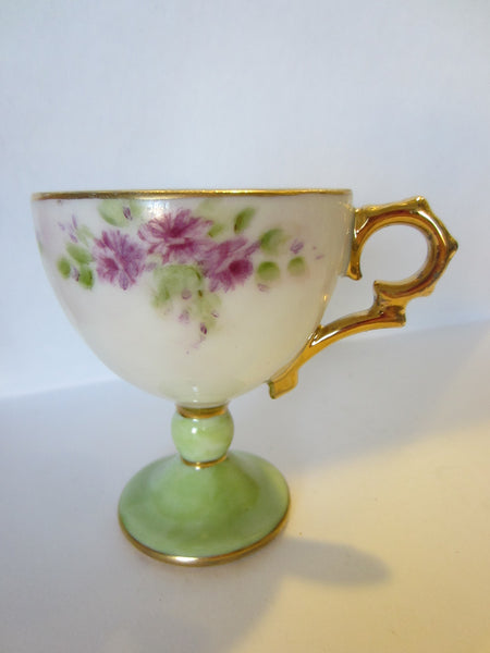 Porcelain Stem Floral Egg Cups Gold Handles Hand Painted Marked BDW 1997
