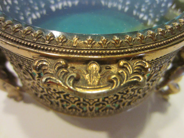 Brass Jewelry Box Lined Blue Velvet Beveled Glass On Puttis - Designer Unique Finds 