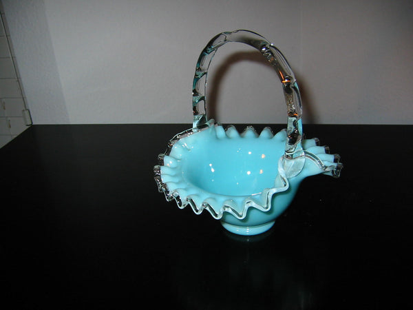 Fenton Glass Turquoise Blue Basket Silver Sheen Ruffled Edge Decorated Clear Handle - Designer Unique Finds 