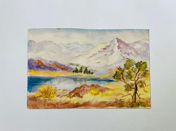 Impressionist Mountain Scape Singed M Fish Watercolor Gouache Painting