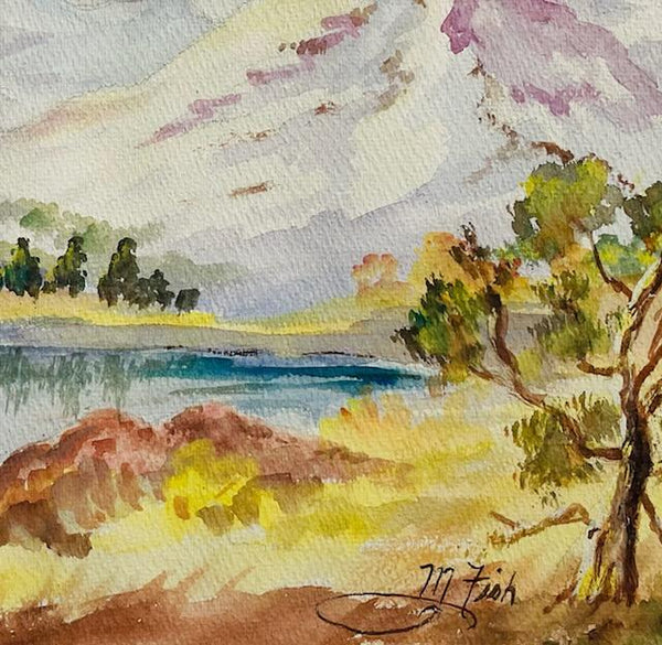 Impressionist Mountain Scape Singed M Fish Watercolor Gouache Painting