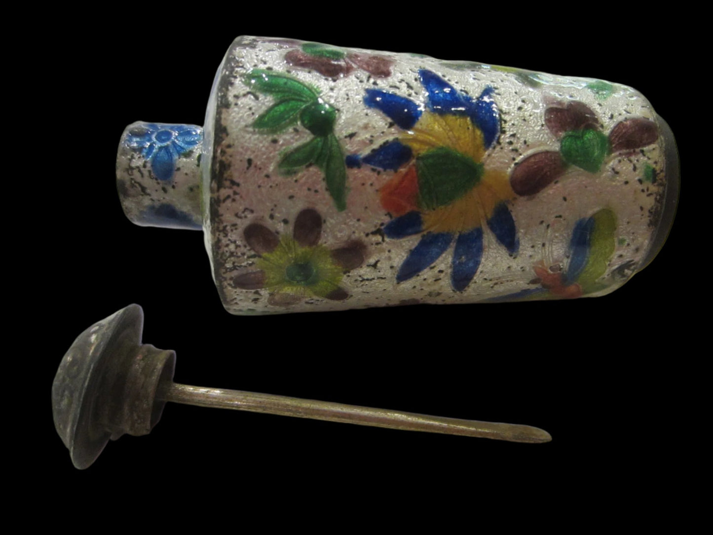 China Silver Snuff Bottle Champleve Birds Insects Flowers