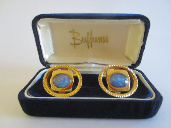 Opal Cuff Links Gold Plated Mid Century Modern Oval Design - Designer Unique Finds 