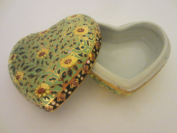 Gold Porcelain Heart Jewelry Box Narai Phand Hand Painted In Thailand Floral Enameling - Designer Unique Finds 
 - 1