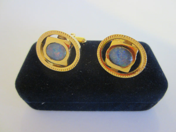 Opal Cuff Links Gold Plated Mid Century Modern Oval Design - Designer Unique Finds 