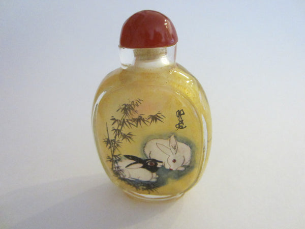 Interior Painted Glass Snuff Bottle Figures And Rabbits With Signature - Designer Unique Finds 