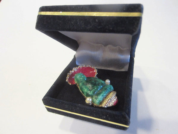 Green Buddha Jade Golden Brooch Red Umbrella Sparkle Crystals Pearls - Designer Unique Finds 