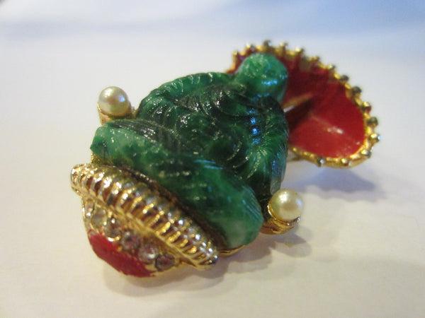 Green Buddha Jade Golden Brooch Red Umbrella Sparkle Crystals Pearls - Designer Unique Finds 