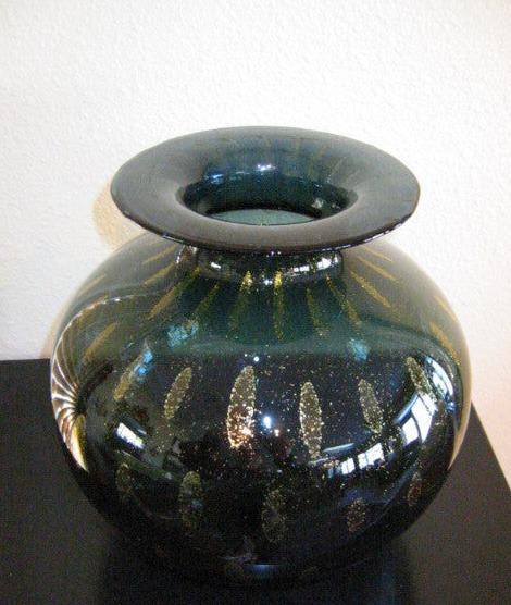 Murano Flower Vase Italian Green Archimedes Seguso Paisley Gold - Designer Unique Finds 
 - 2