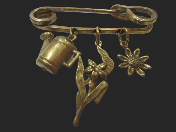 Vintage Safety Pin Gardening Charms Bar Brooch