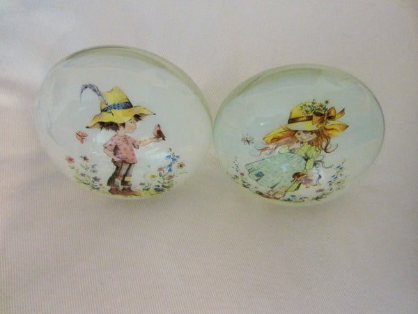 Opalescent Glass Figurative Paperweights Infused Children In Play