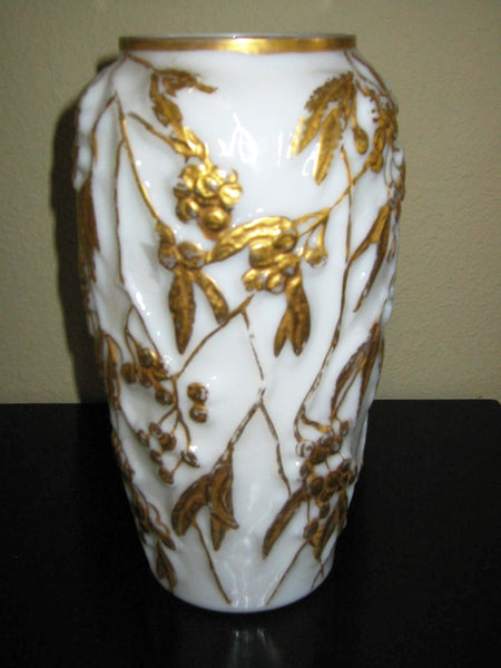 Phoenix Milk Glass Vase Painted Gold Berries - Designer Unique Finds 
 - 1