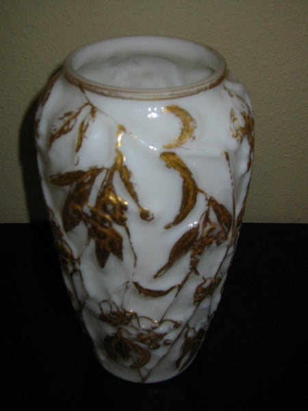 Art Deco Phoenix Consolidated Milk Glass Vase Painted Gold Berries