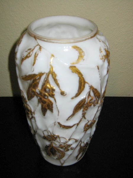 Art Deco Phoenix Consolidated Milk Glass Vase Painted Gold Berries - Designer Unique Finds 