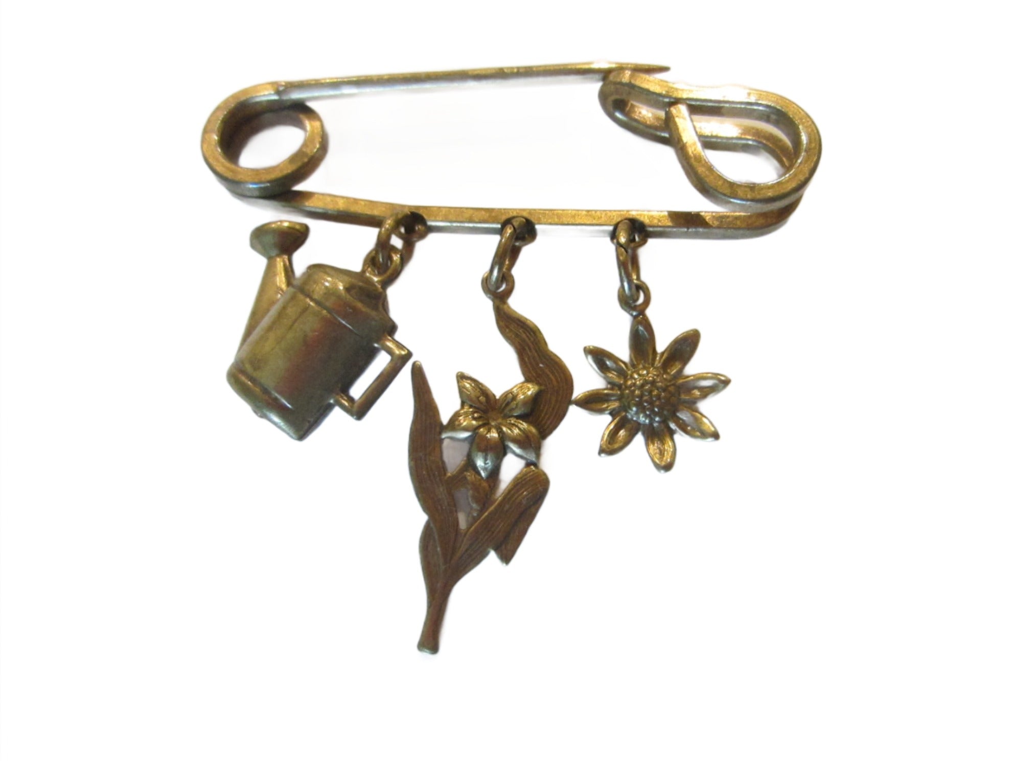 Vintage Safety Pin Gardening Charms Bar Brooch Designer Unique Finds