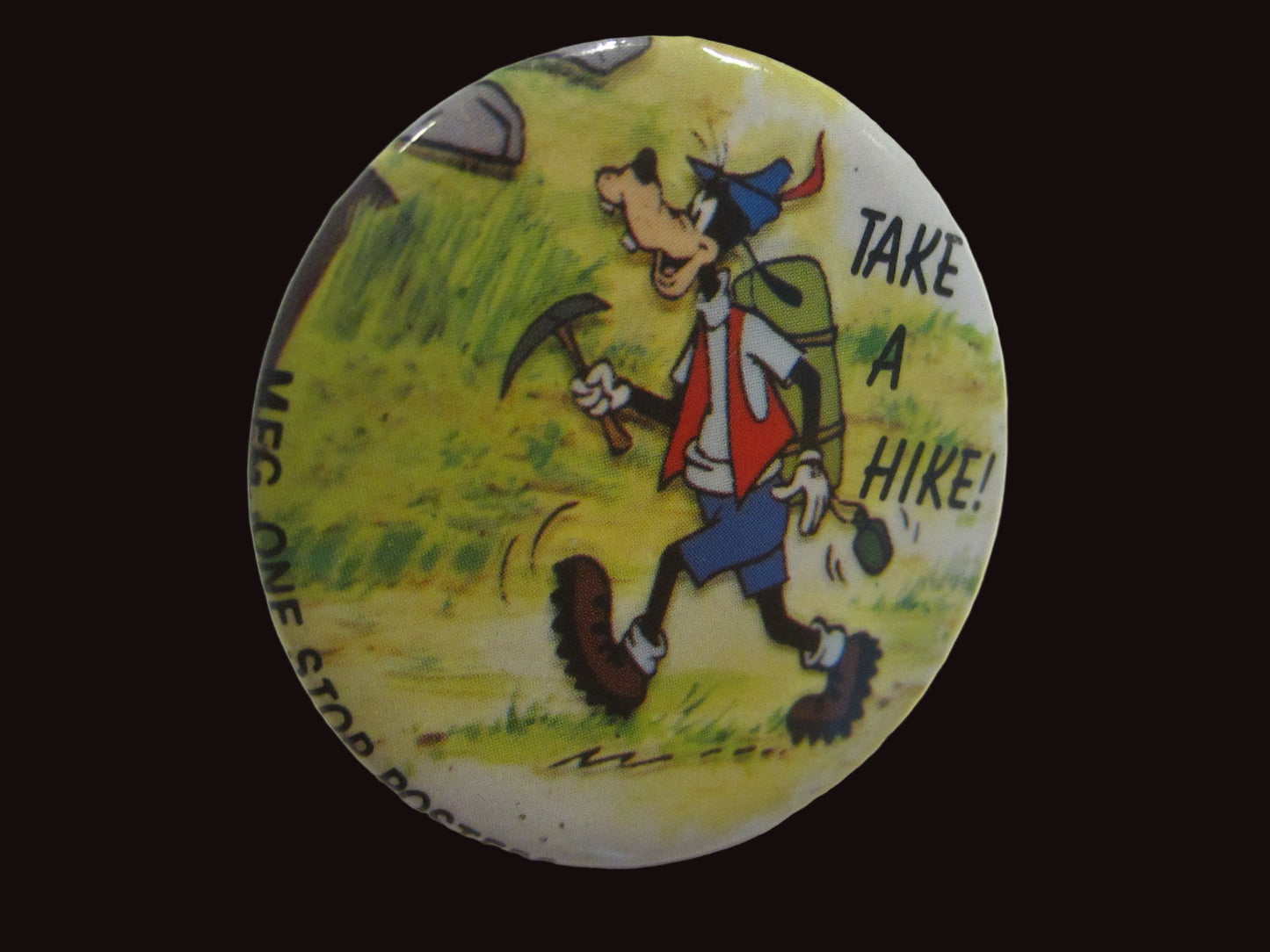 Button badge with cartoon character and 'Take a Hike!' 1987 Walt Disney 