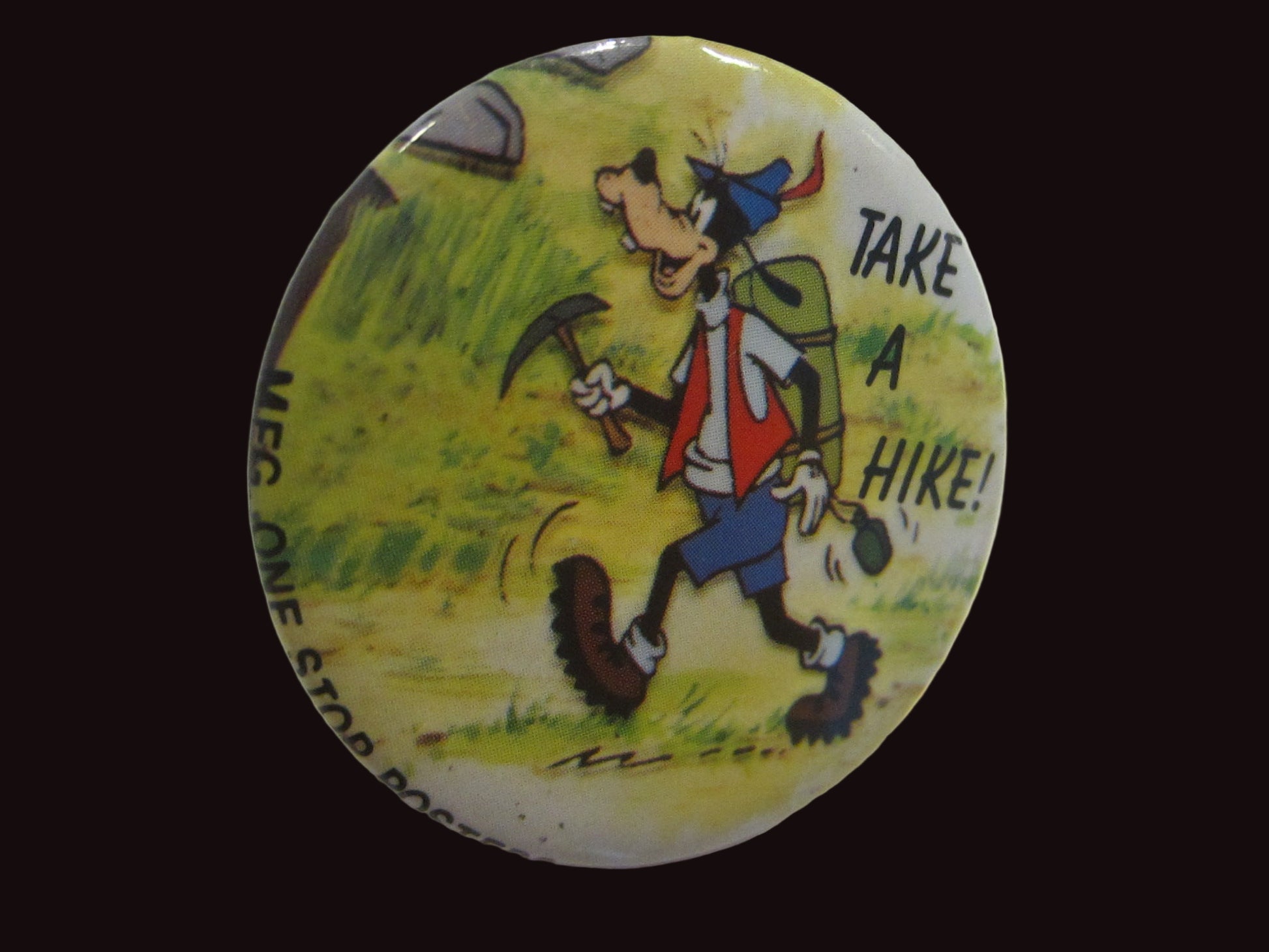 Button badge with cartoon character and 'Take a Hike!' 1987 Walt Disney 