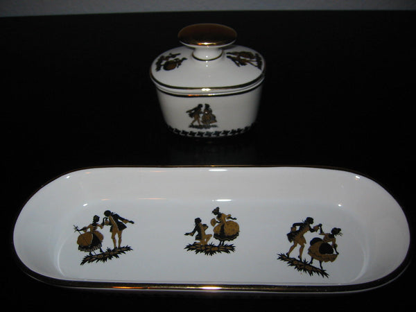 Bavaria West Germany Porcelain Box Tray Black Gold Dancers