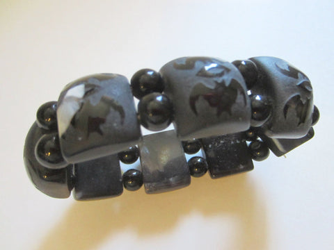 Black Onyx Bracelet Carving Bats Flexible Primitive Beads - Designer Unique Finds 