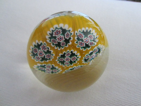 Millefiori Murano Italy Glass Paperweight Yellow Bed Blue Flowers - Designer Unique Finds 