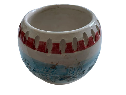 Italian Folk Art Contemporary Modernist Hand Painted Ceramic Bowl Red White Blue
