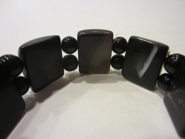 Black Onyx Bracelet Carving Bats Flexible Primitive Beads - Designer Unique Finds 