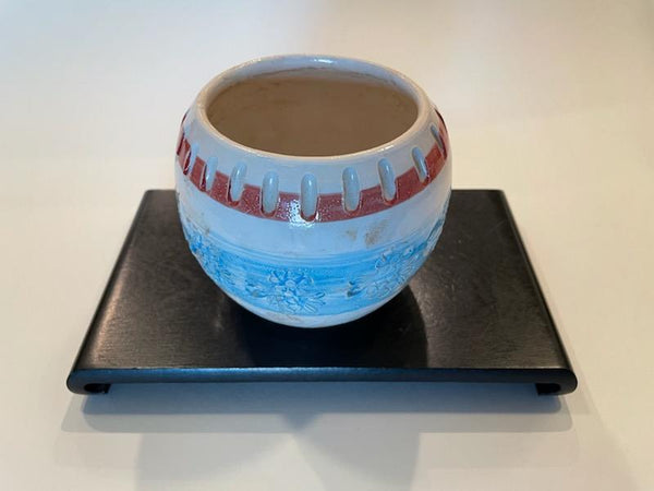 Italian Folk Art Contemporary Modernist Hand Painted Ceramic Bowl Red White Blue