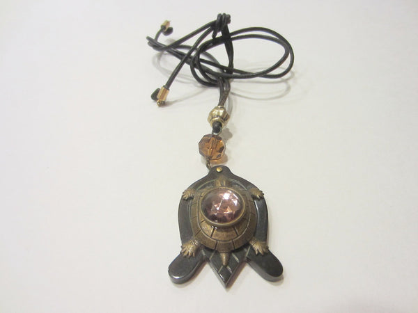 Brass Lacquer Turtle Pendant Deco Crystal Pink Cabochon - Designer Unique Finds 