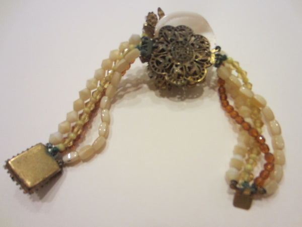 Miriam Haskell Bracelet Multi Strands Beads Jeweled Shell Medallion Clasp - Designer Unique Finds 