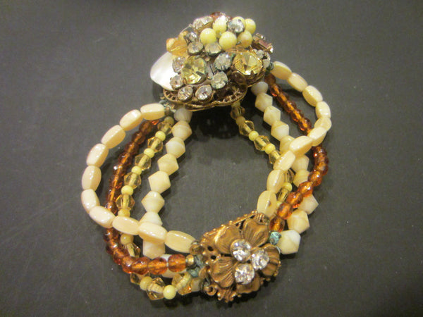 Miriam Haskell Bracelet Multi Strands Beads Jeweled Shell Medallion Clasp - Designer Unique Finds 
