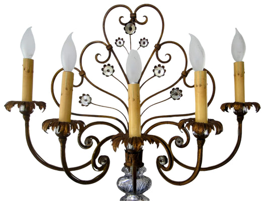 Italian Tole Lighting Fixture Scrolled Glass Flowers Vase Wall Sconce