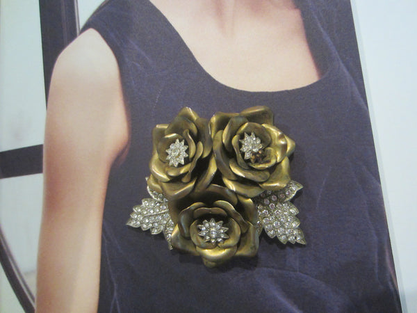 Mid Century Brass Roses Dress Clip Embellished Rhinestones