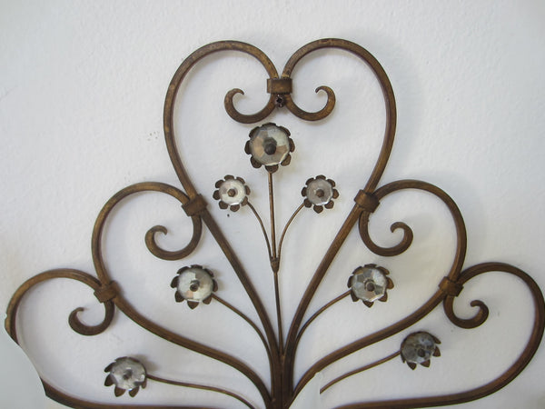 Italian Tole Wall Sconce Glass Vase Bloom Flower Medallions Scrolled Five Lights Branches - Designer Unique Finds 