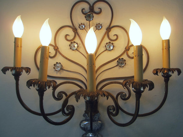 Italian Tole Lighting Fixture Scrolled Glass Flowers Vase Wall Sconce